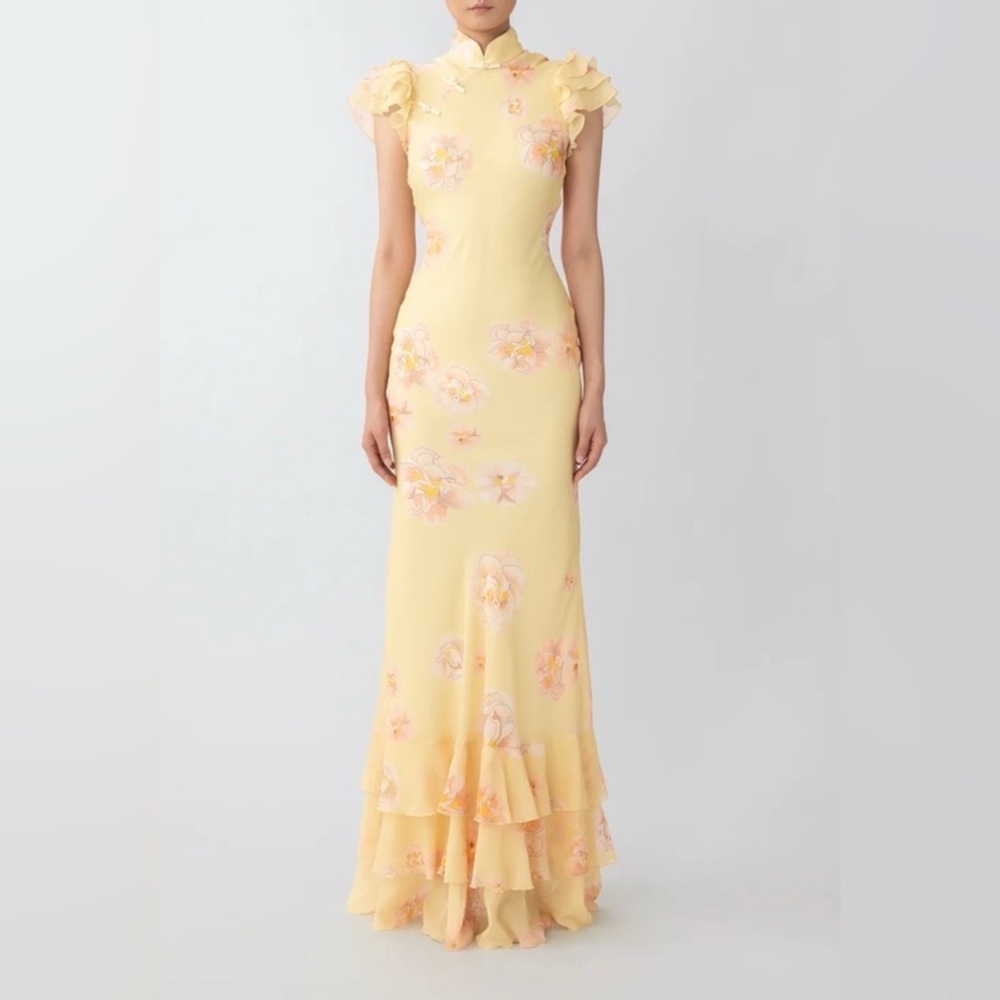 Yellow Floral Maxi Dress with Ruffle Hem